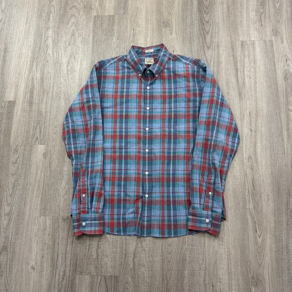 J Crew Slim Fit Button Down Shirt Men's Large Blue Red Plaid Collared Preppy - Picture 1 of 8